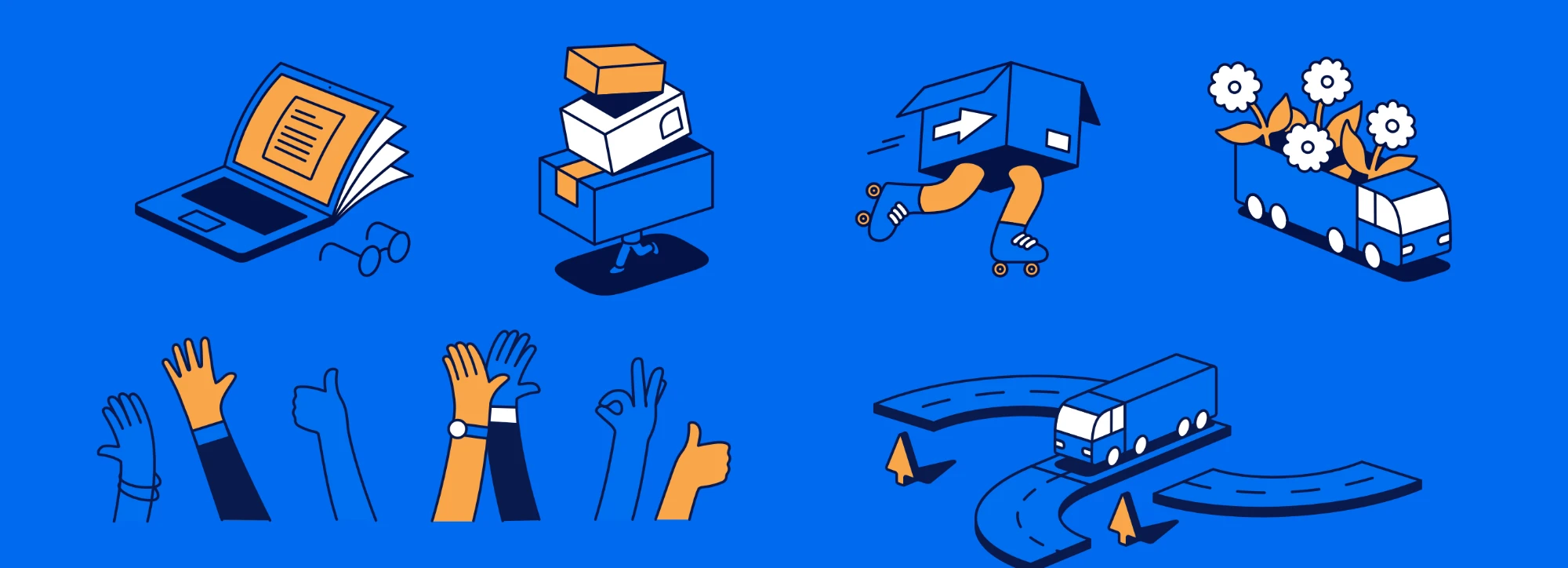 Paxon illustrations in blue and orange: parcels, trucks, a laptop and raised hands