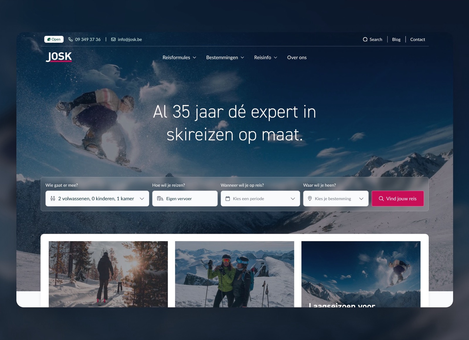The JOSK Skivakanties website, with its trip search over a snowboarder